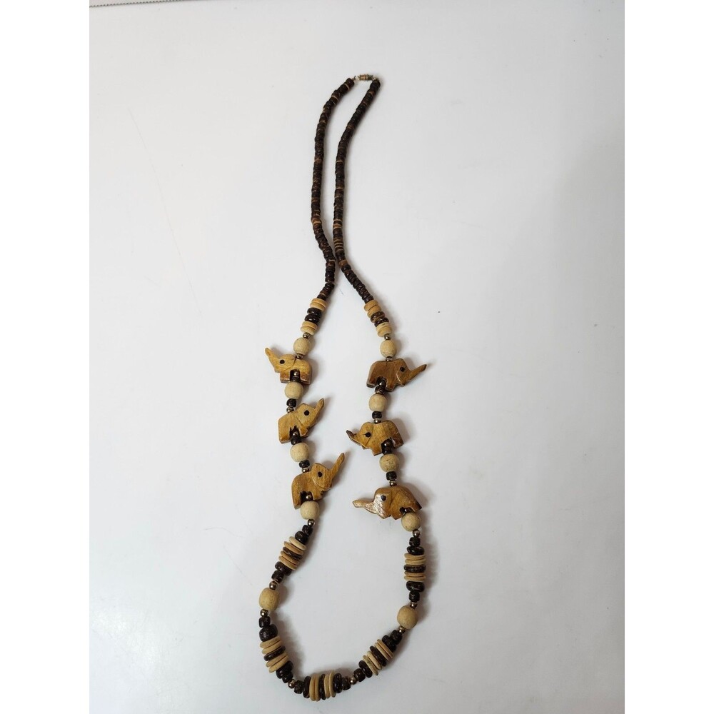 Vintage 14 Inch Long Wood Carved And Beaded Elephant Necklace